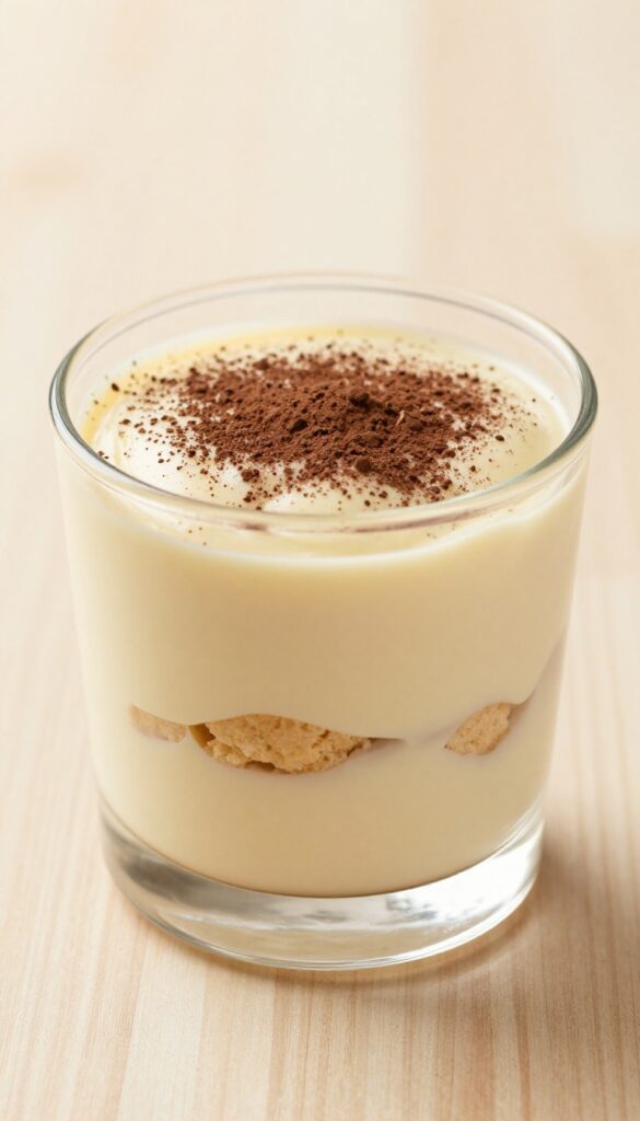 A layered biscuit pudding dessert with creamy filling and cocoa powder topping in a glass dish