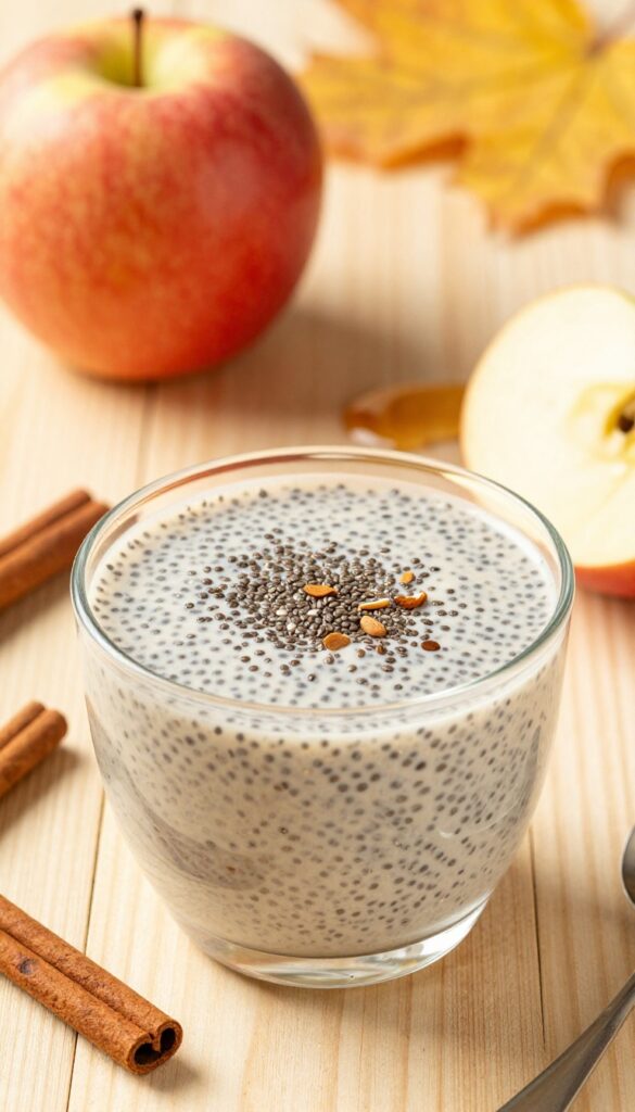 A photorealistic image of a Spiced Apple Chia Smoothie in a glass with chia seeds and spices on a rustic table with autumn decor.