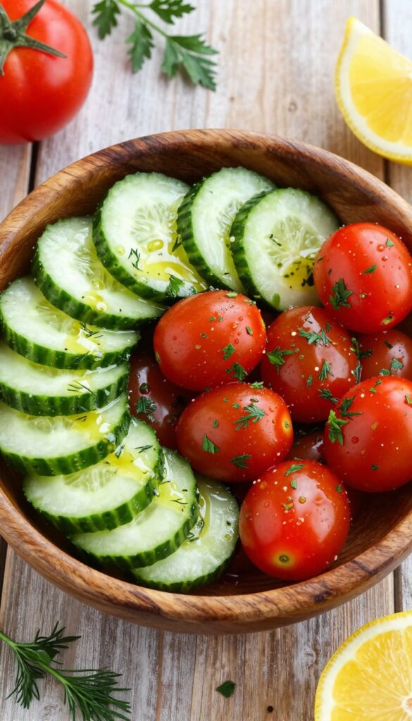 Zesty lemon-herb cucumber and tomato medley in a wooden bowl