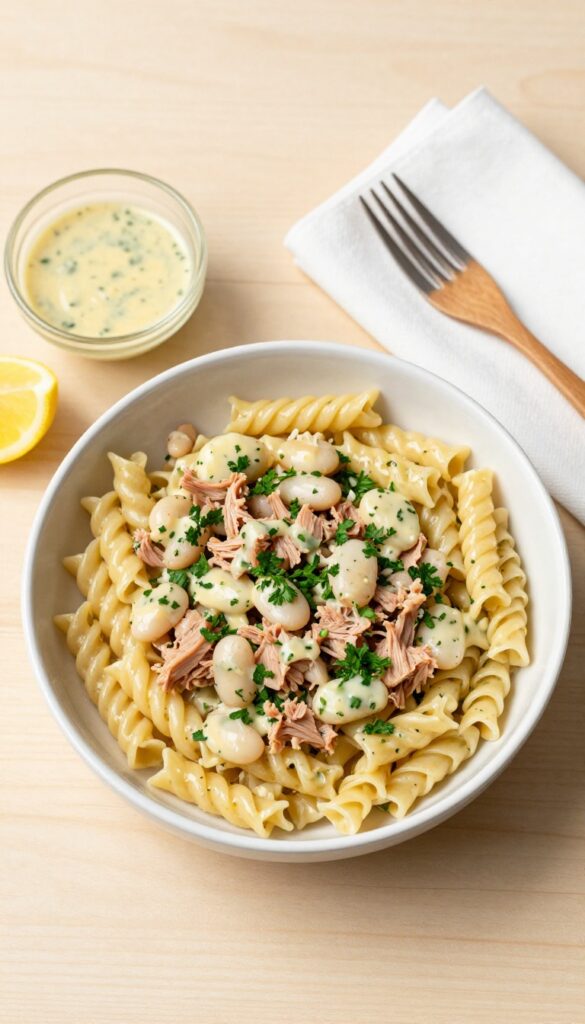 A bowl of lemon herb tuna and white bean pasta salad with Greek yogurt dressing on a wooden table.