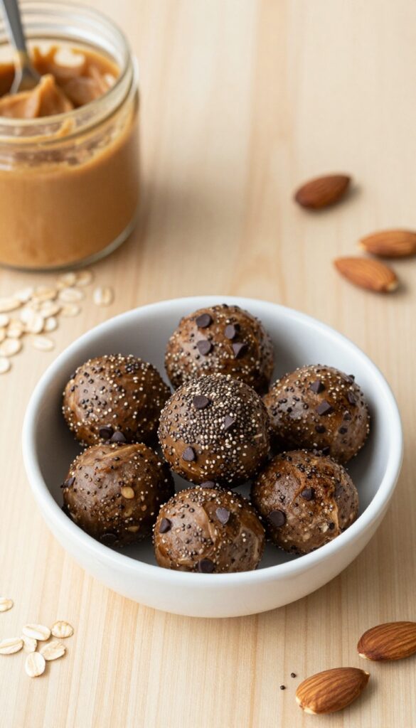 Almond butter energy balls in a white bowl on a wooden table