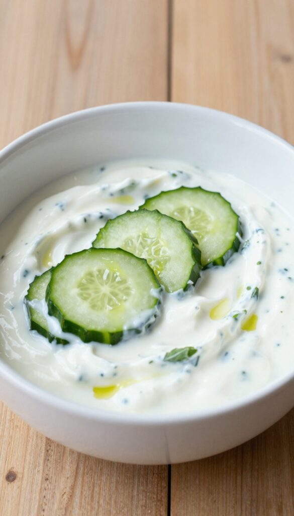 A creamy Greek yogurt cucumber salad with fresh mint and olive oil in a white bowl on a wooden table, showcasing a refreshing and versatile side dish for quick meals.