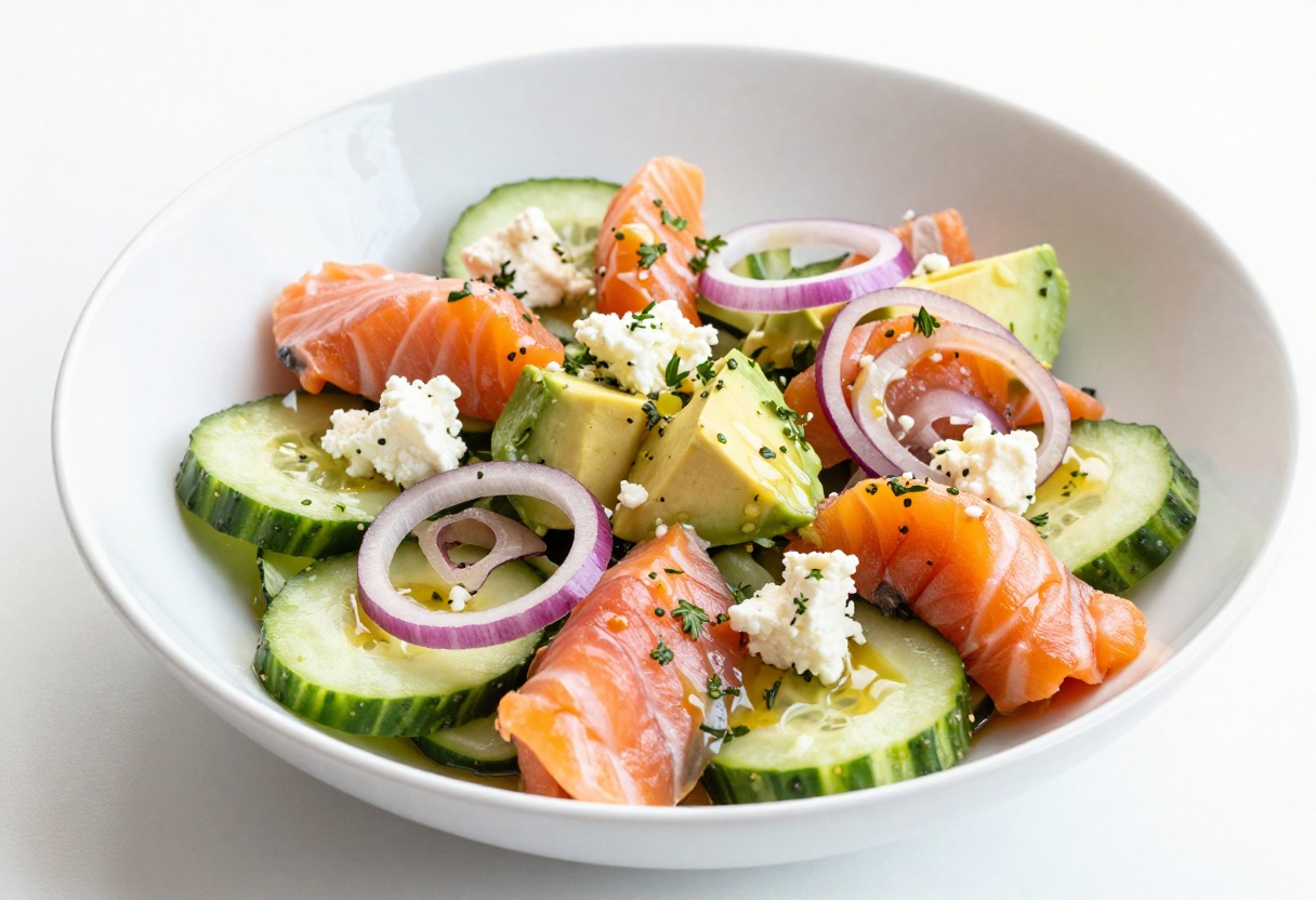 Refreshing salmon cucumber salad in a white bowl with avocado, red onion, feta, and dill.