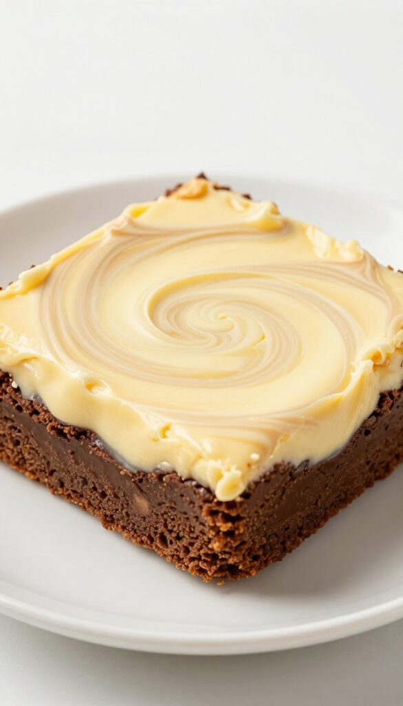 A close-up of a cream cheese brownie with a marbled swirl, showcasing its rich chocolate base and tangy cream cheese texture, perfect for a dessert recipe blog