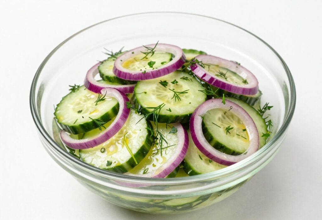 Overhead view of marinated cucumber salad with fresh herbs in a glass bowl.