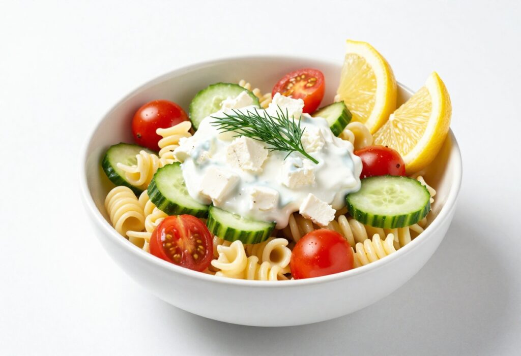 Healthy cold pasta salad with Greek yogurt dressing in a white bowl