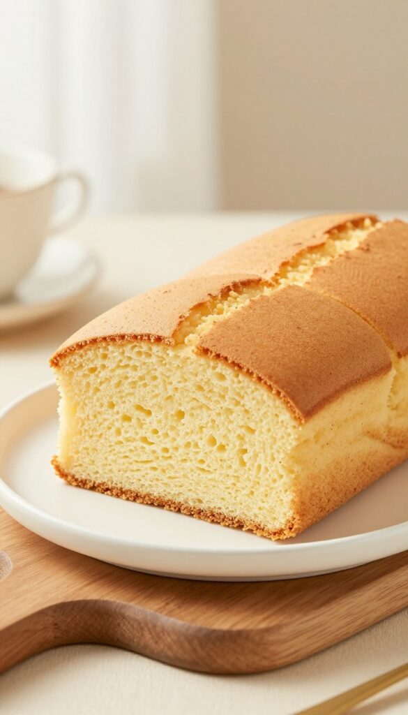 A slice of soft milk cake on a wooden cutting board, showcasing its moist and tender texture in natural light.