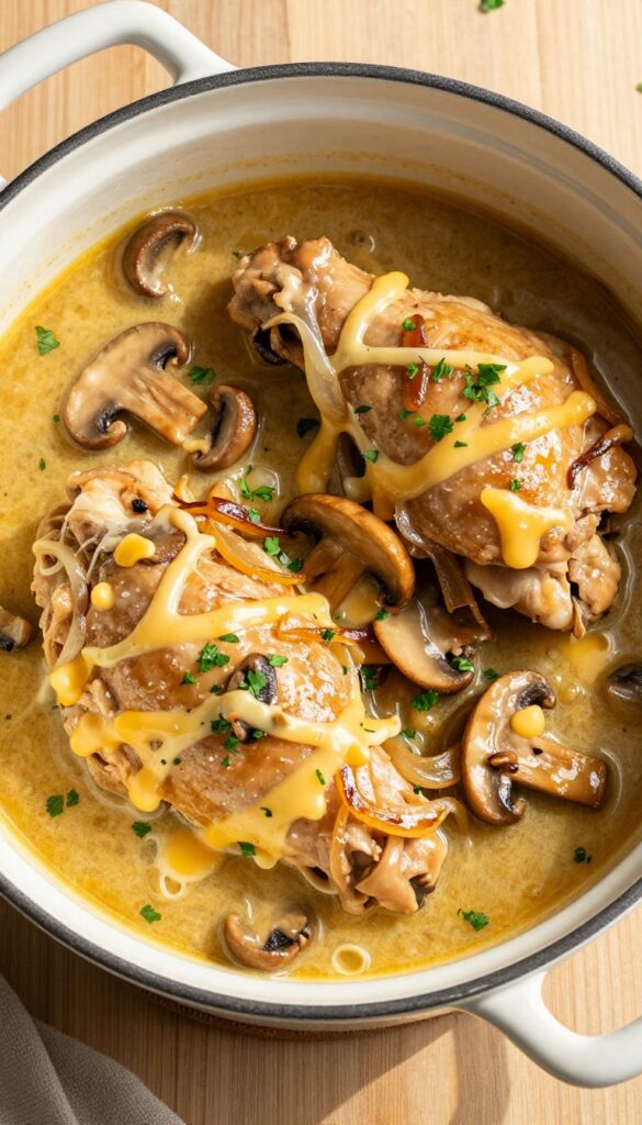 Creamy Swiss mushroom chicken in a crockpot, garnished with parsley, on a wooden table in natural light.
