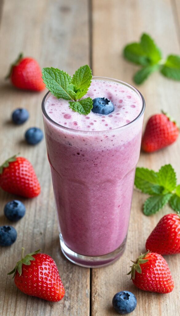 A vibrant Berry Bliss Smoothie in a glass with fresh berries and mint on a rustic table in natural light.