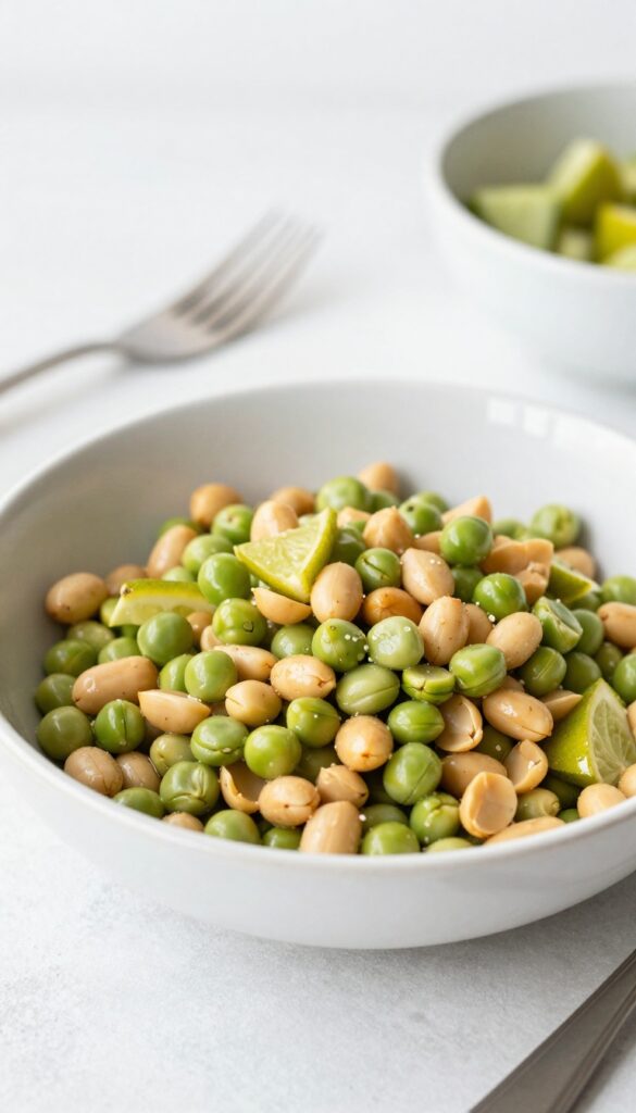 Fresh Pea, Peanut, and Lime Cucumber Salad in a white bowl with fork