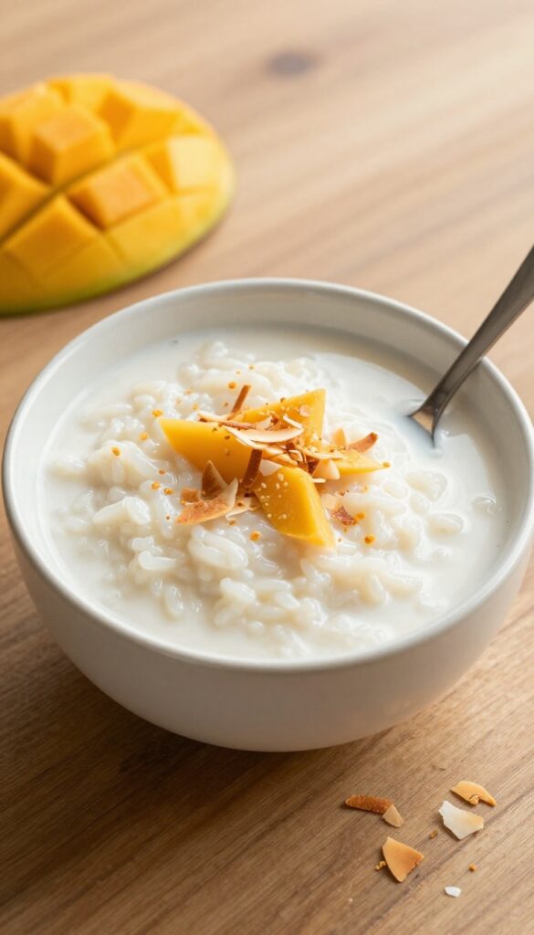 A bowl of creamy coconut milk rice pudding topped with toasted coconut flakes and sliced mango, served in a ceramic bowl on a wooden table, captured in bright natural light with a clean, blog-friendly composition.