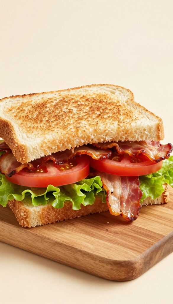 Turkey bacon club sandwich sliced diagonally showing layers of turkey, bacon, lettuce, tomato, and toasted bread on a wooden board.