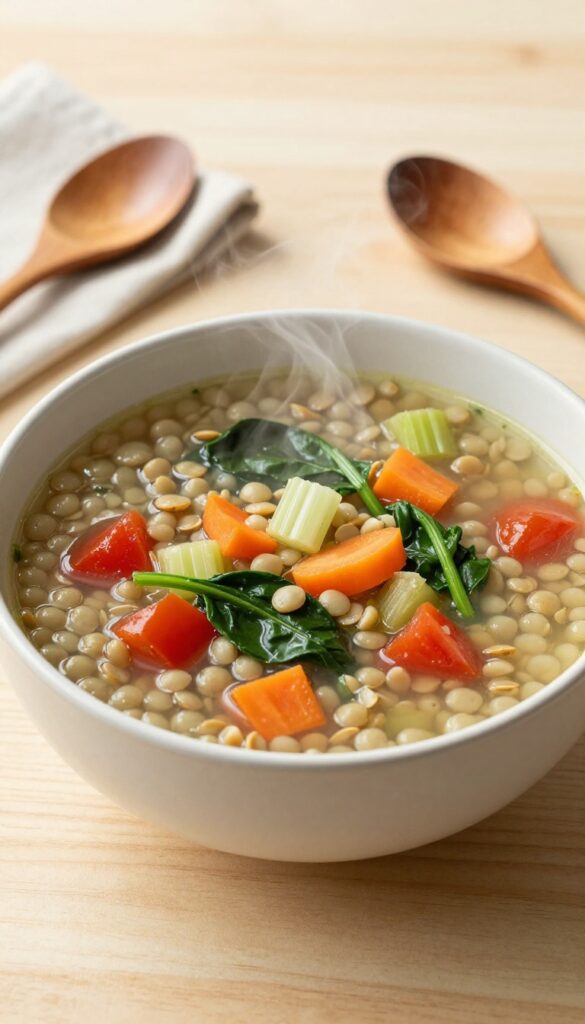 A bowl of hearty lentil and vegetable soup, showcasing its thick texture and fresh ingredients, perfect for a cholesterol-friendly recipe blog