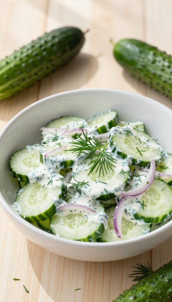 Creamy dill cucumber salad in a white bowl on a wooden table