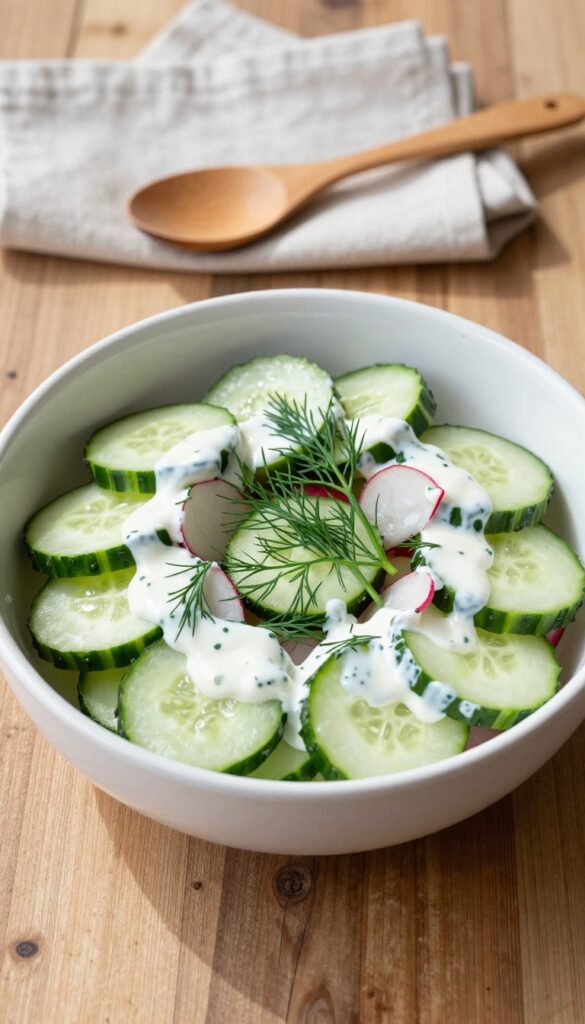 Overhead view of cucumber and radish salad with buttermilk dressing in a white bowl on a wooden table
