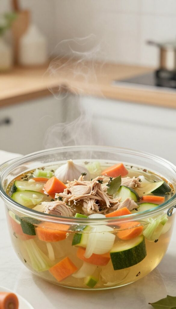 A slow cooker with chicken vegetable soup, showing shredded chicken and vegetables in broth, in a bright, clean kitchen.