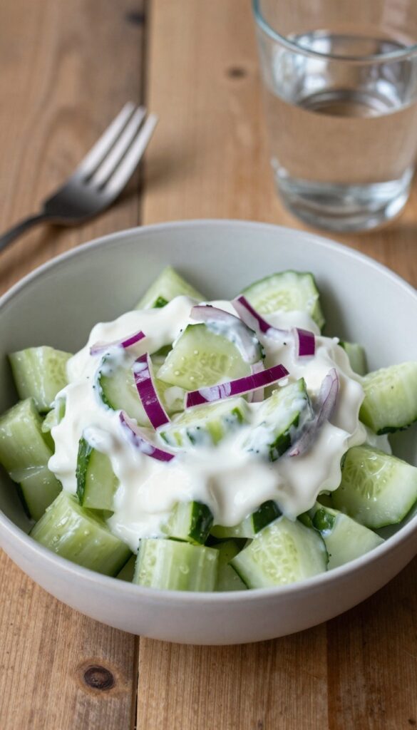Angle view of tangy Greek-style yogurt cucumber salad on a wooden table with fork and glass.