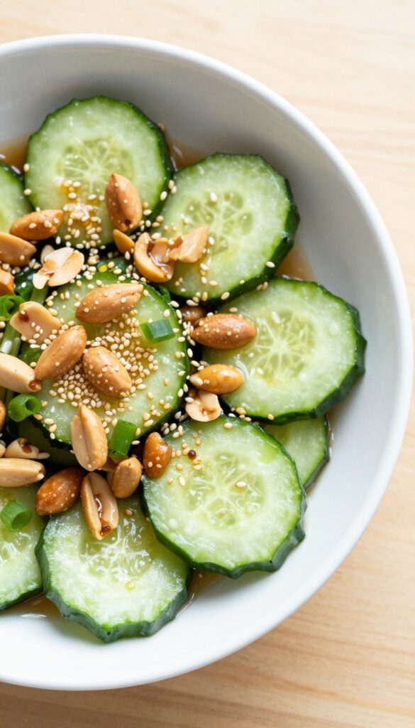 Asian sesame cucumber salad with crunchy peanuts in a white bowl on a wooden table