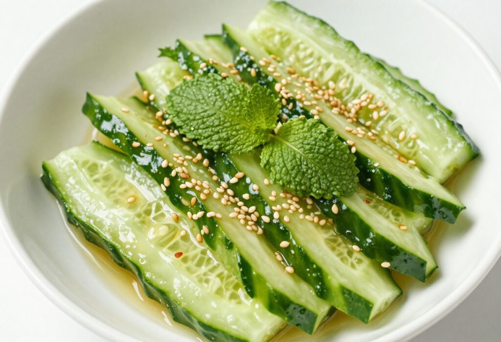 Korean-style sesame garlic cucumber salad in a white bowl with fresh herbs and sesame seeds