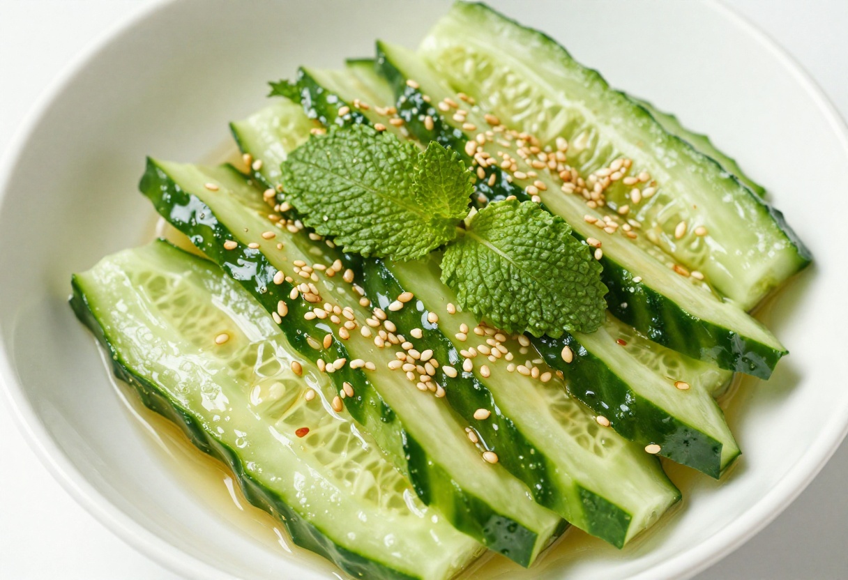 Korean-style sesame garlic cucumber salad in a white bowl with fresh herbs and sesame seeds