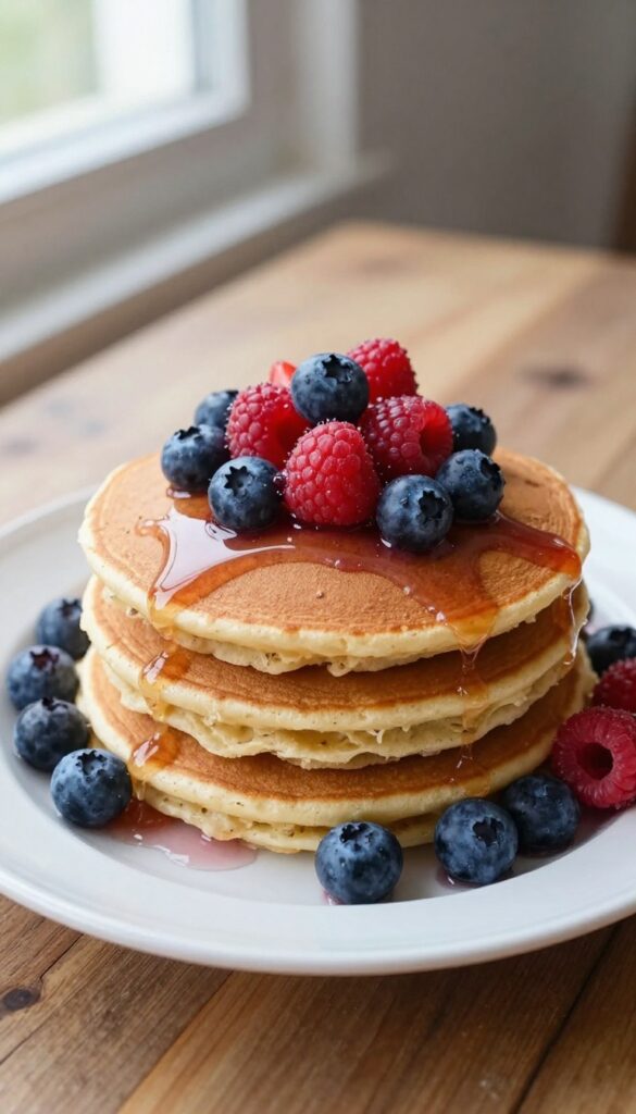 A stack of oatmeal banana pancakes with berry topping, served on a white plate in natural light, representing a heart-healthy low cholesterol breakfast recipe.