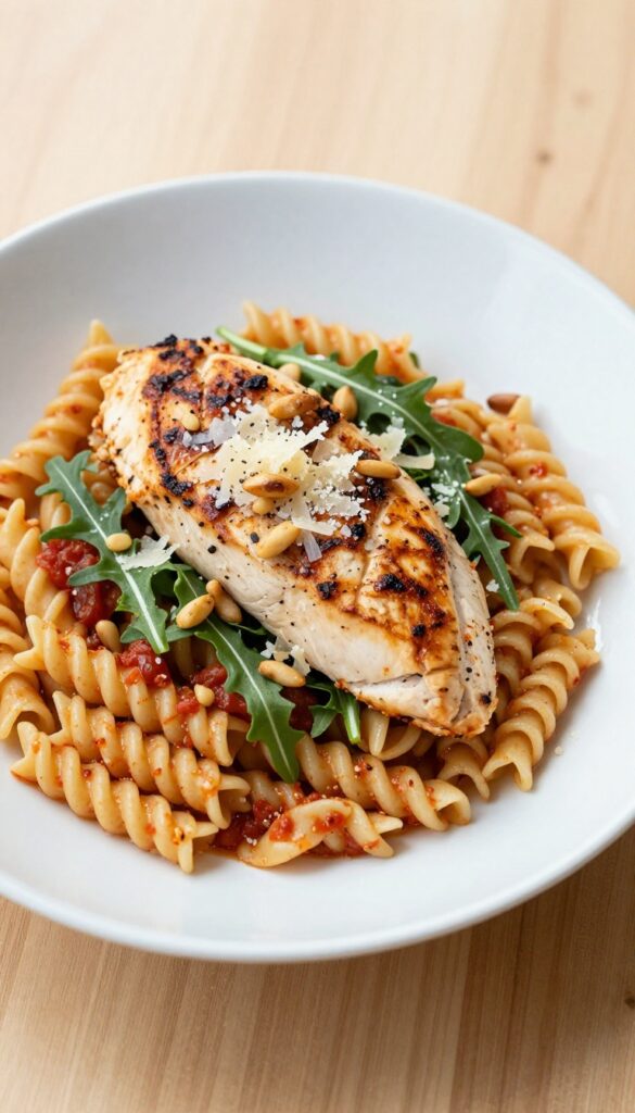 Bowl of sun-dried tomato pesto pasta with grilled chicken and arugula