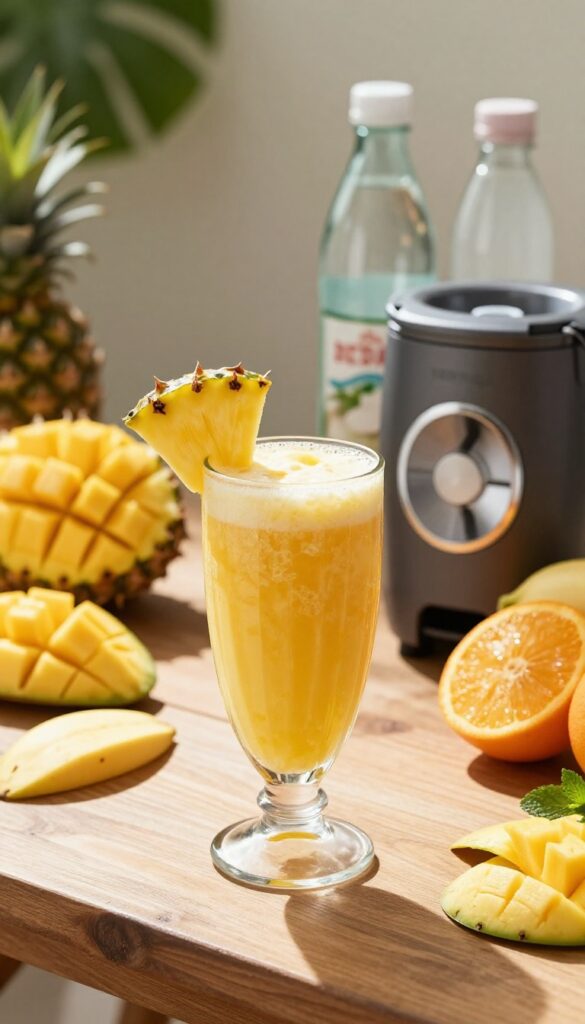 A tall glass of Tropical Sunrise Smoothie made with pineapple and mango, garnished with pineapple slice and mint, next to a Magic Bullet blender and fresh ingredients on a wooden table in natural light.