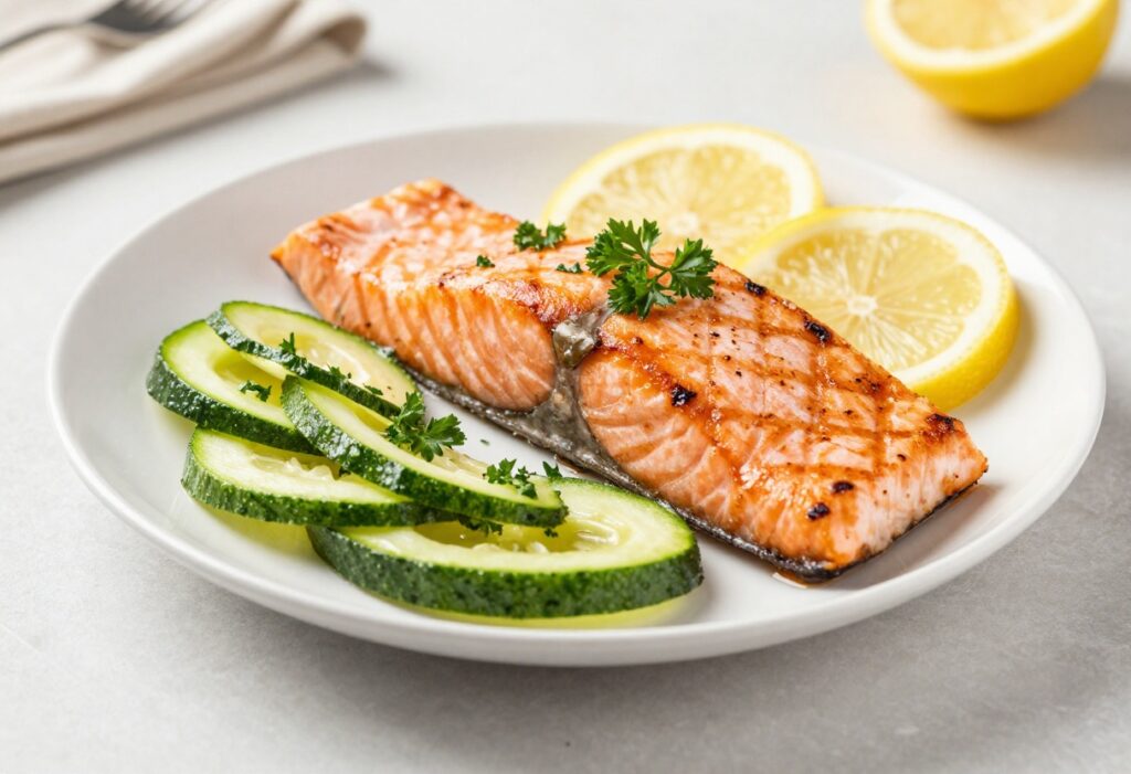 A bright, appetizing photo of lemon garlic salmon with zucchini noodles, representing healthy and satisfying low carb low cholesterol recipes.