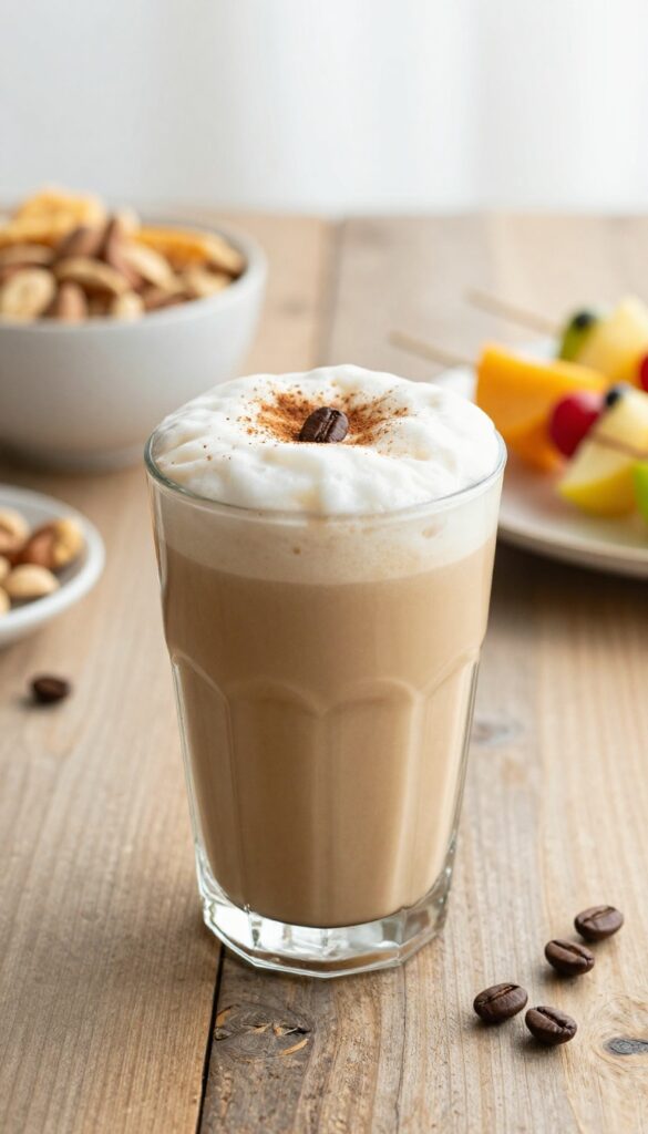 A creamy coffee and banana smoothie in a clear glass with cinnamon garnish, served on a wooden table with nuts and fruit skewers for a social gathering.