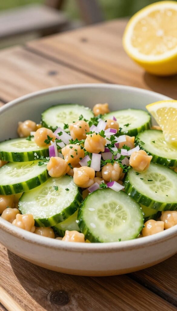 A comforting cucumber and chickpea salad with lemon dressing, served in a rustic bowl on a wooden table at a sunny BBQ, featuring fresh ingredients like cucumbers, chickpeas, red onion, and parsley, glistening with dressing, in a bright, natural light setting.