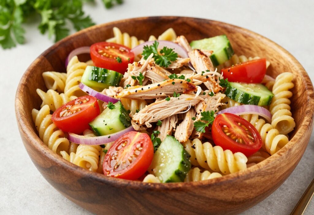 Bowl of rotisserie chicken pasta salad with vegetables and parsley garnish on wooden table