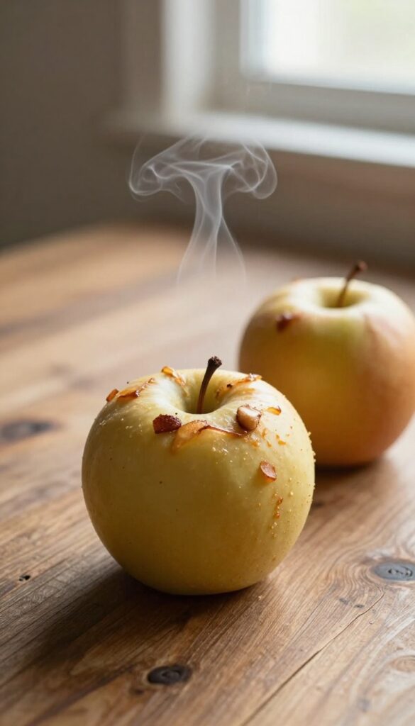 Two baked apples with cinnamon and nuts on a wooden table, steam rising, warm and comforting.