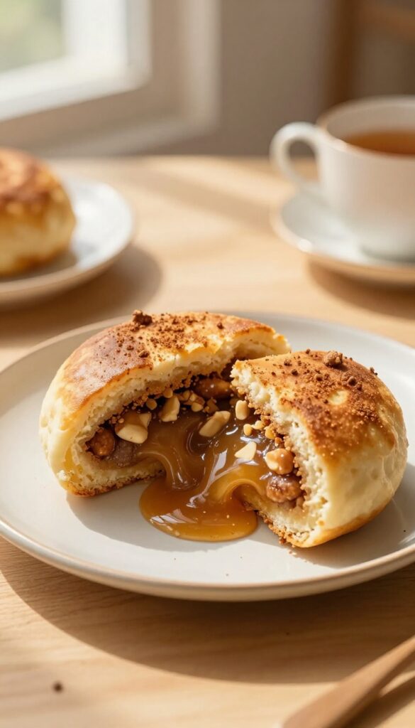 A close-up view of Hotteok, Korean sweet pancakes, with a crispy golden crust and a molten filling of sugar, cinnamon, and nuts, served on a wooden table in natural light.