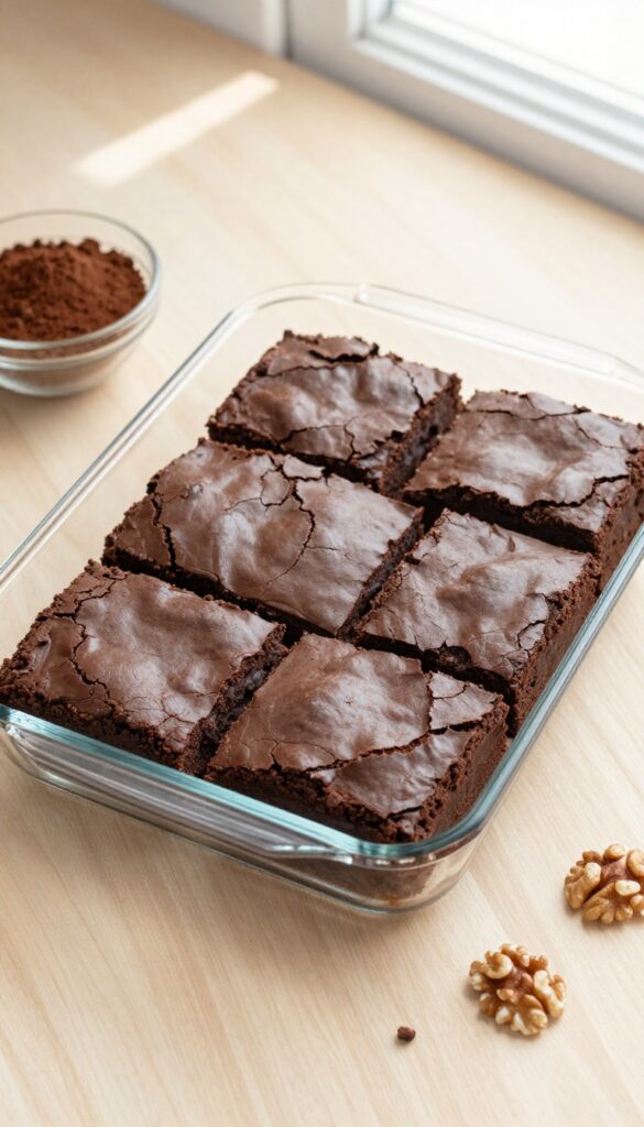 Five fudgy healthy brownies in a glass baking dish on a wooden table with cocoa powder and walnuts.