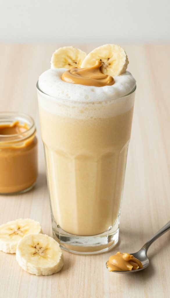 Classic creamy banana and peanut butter smoothie in a glass with banana slices and peanut butter on a wooden table