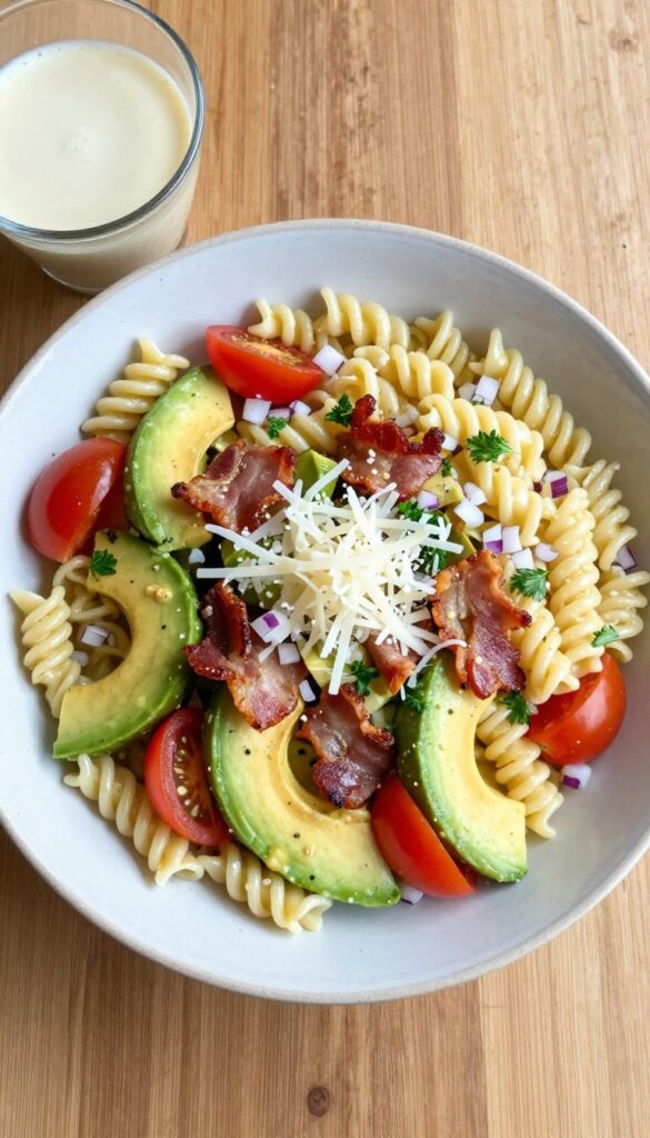 Creamy avocado and bacon pasta salad with zesty Italian dressing in a rustic bowl