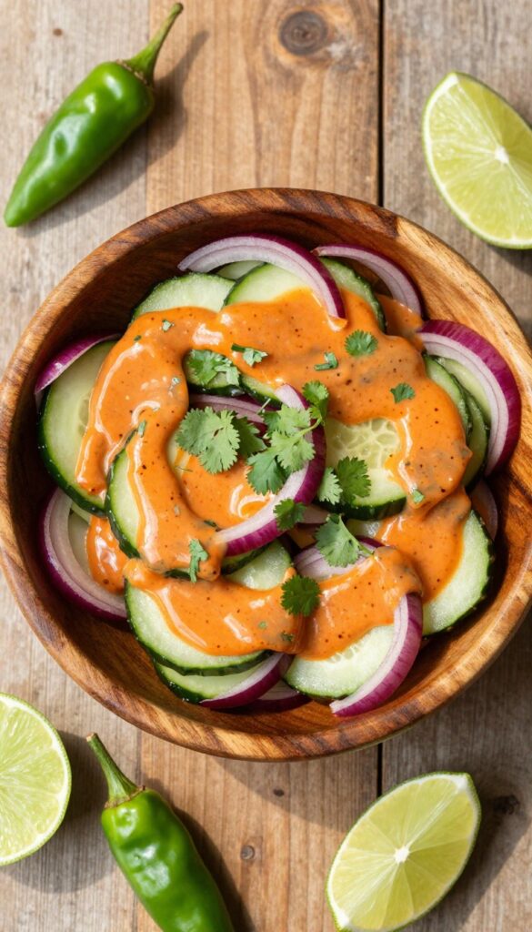 Smoky Chipotle Lime cucumber salad in a wooden bowl with chipotle peppers and lime wedges on a rustic table.