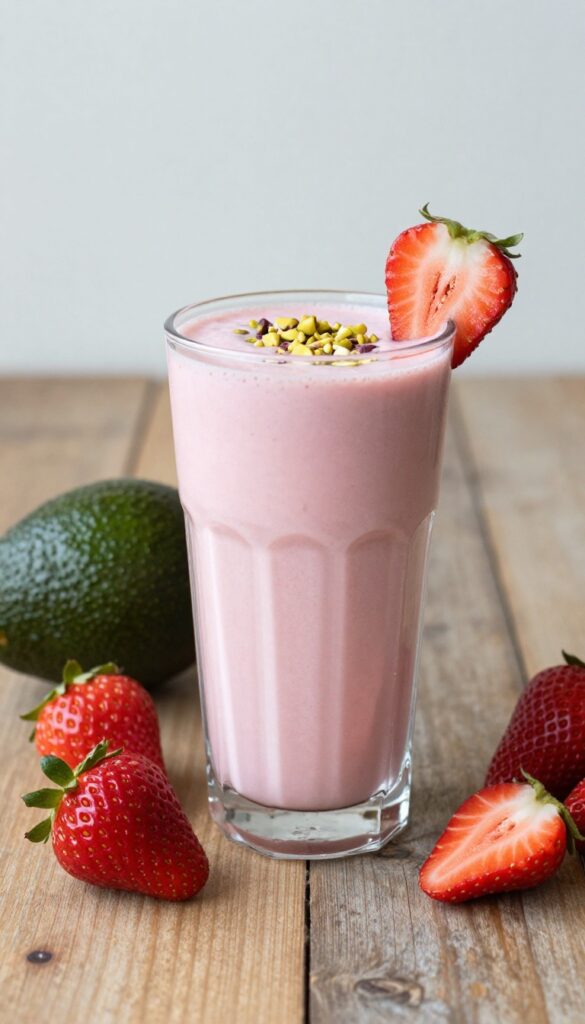 Light pink creamy avocado strawberry smoothie in a glass with strawberry slice and crushed pistachios, avocado and fresh strawberries on wooden table.