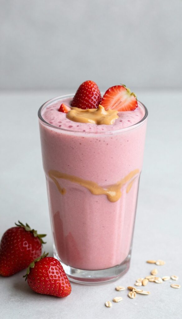 A thick and creamy Peanut Butter & Jelly smoothie in a clear glass with vibrant pink color from strawberries, topped with a drizzle of peanut butter and served with fresh strawberries on the side.