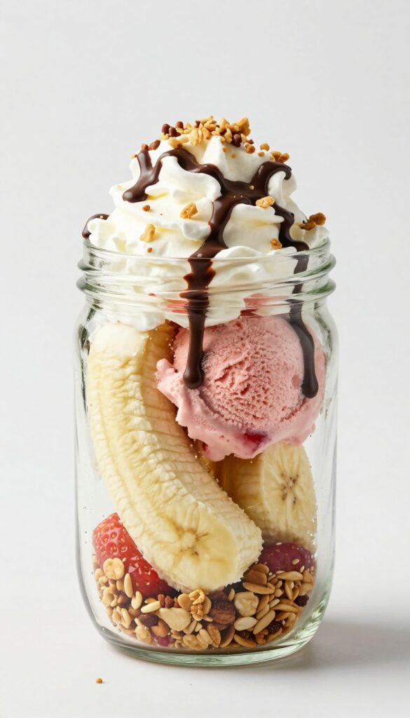 A layered banana split parfait in a glass jar, showing sliced bananas, strawberry ice cream, chocolate syrup, whipped cream, and granola, with natural lighting and a clean aesthetic.