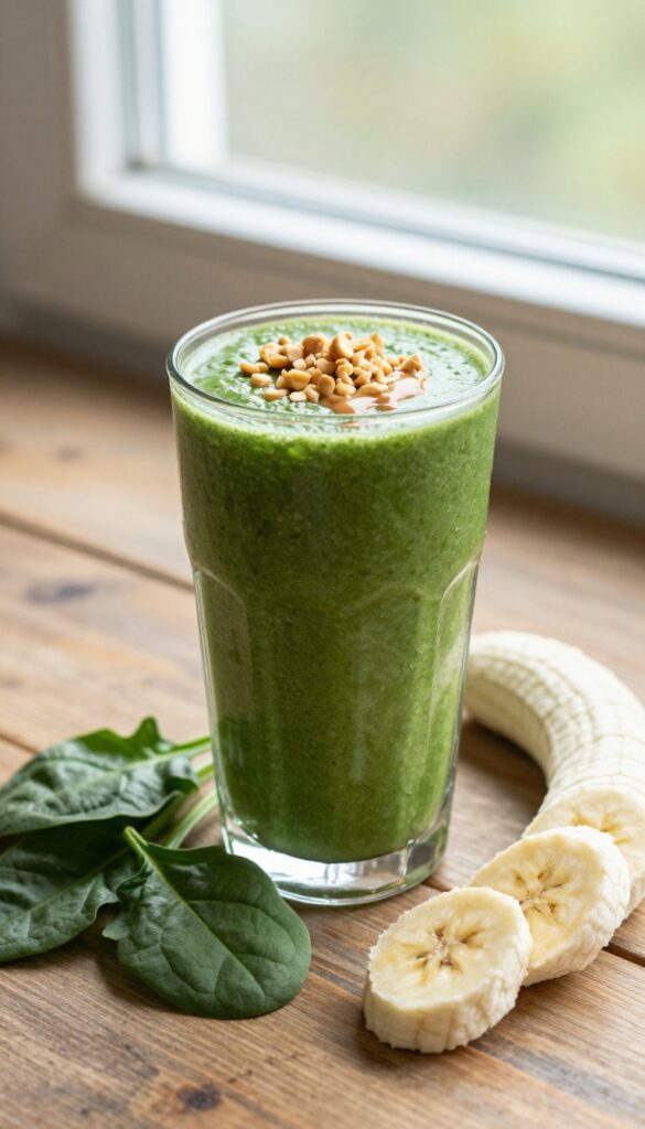 A creamy green smoothie with spinach and peanut butter, garnished with crushed peanuts and drizzled peanut butter, served in a glass on a wooden table with fresh ingredients.