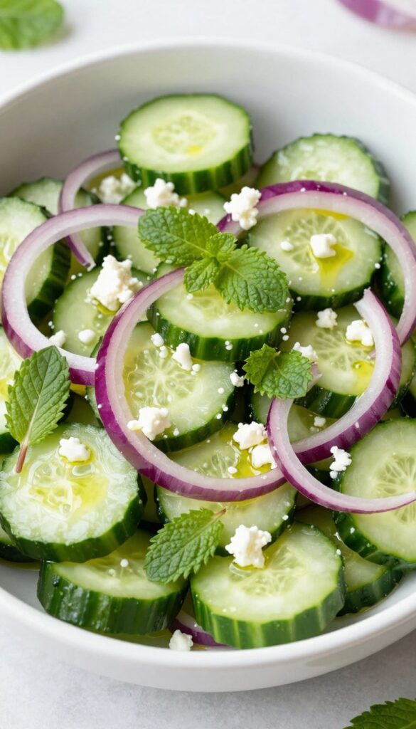 A vibrant mint and cucumber salad with red onion in a white bowl, showcasing fresh ingredients like sliced cucumbers, mint leaves, and optional feta cheese, perfect for summer picnics or as a light side dish.