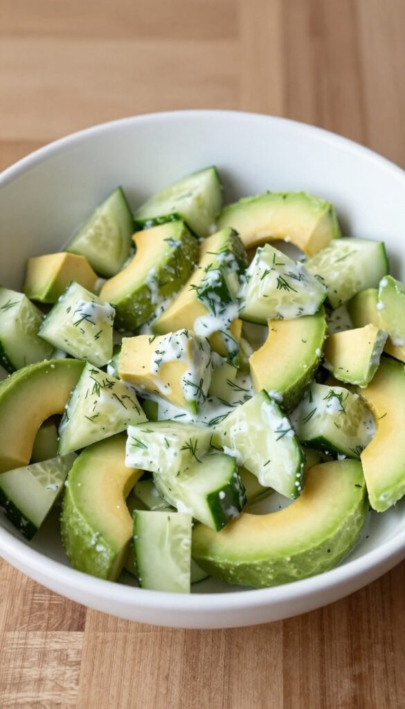 A creamy cucumber and avocado chop salad in a bowl, featuring crisp cucumbers and diced avocado in a yogurt dressing with dill, arranged on a wooden table.