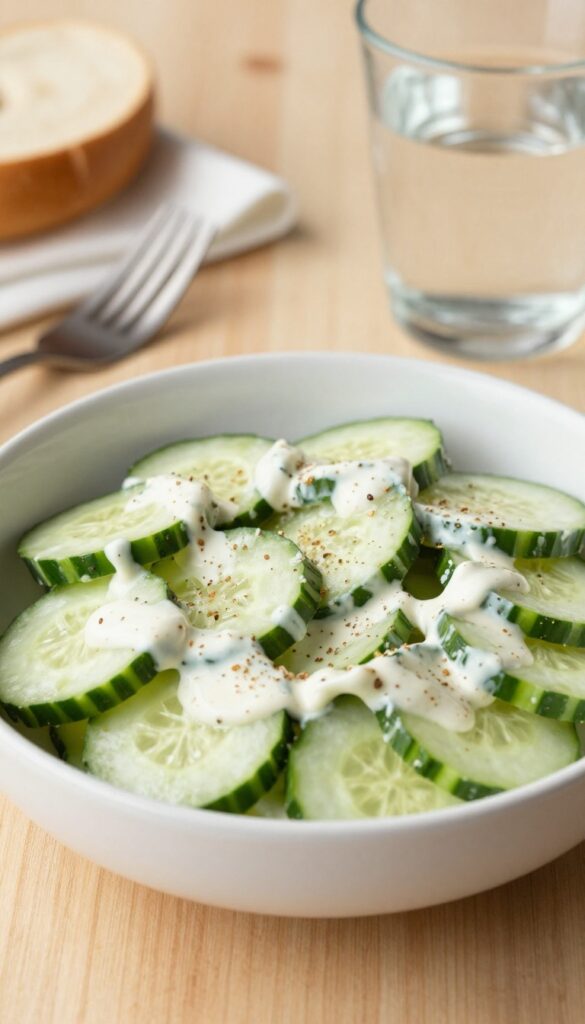 Creamy everything bagel cucumber salad served in a bowl on a wooden table, with a fork and glass of water.