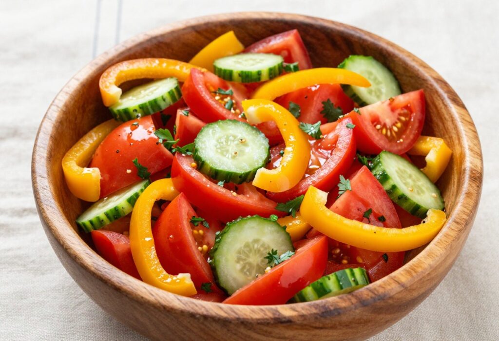 A wooden bowl of colorful cucumber, tomato, and bell pepper salad with fresh parsley and a glossy dressing.