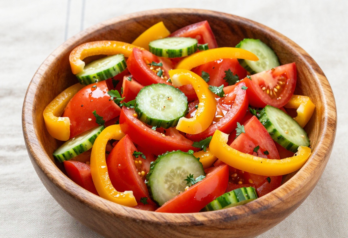 A wooden bowl of colorful cucumber, tomato, and bell pepper salad with fresh parsley and a glossy dressing.