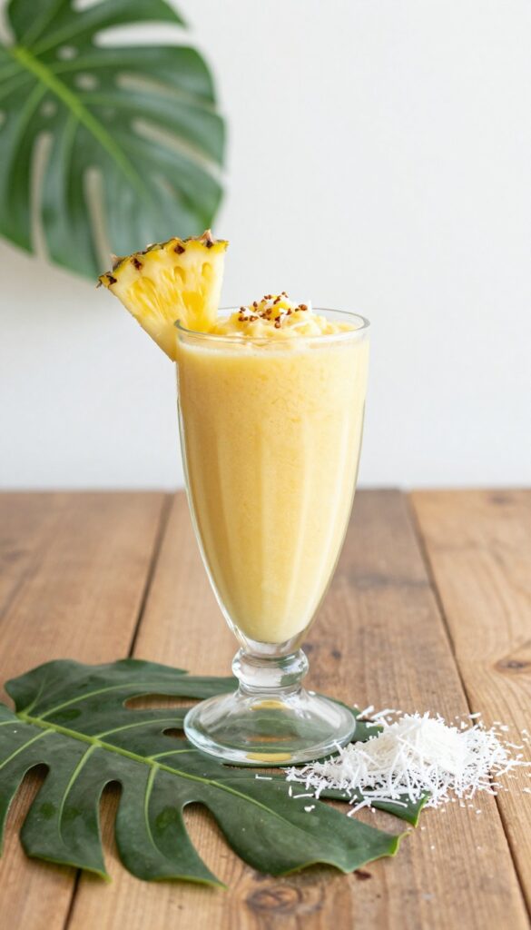A Pineapple Coconut Escape smoothie in a tall glass with pineapple wedge garnish on a wooden table