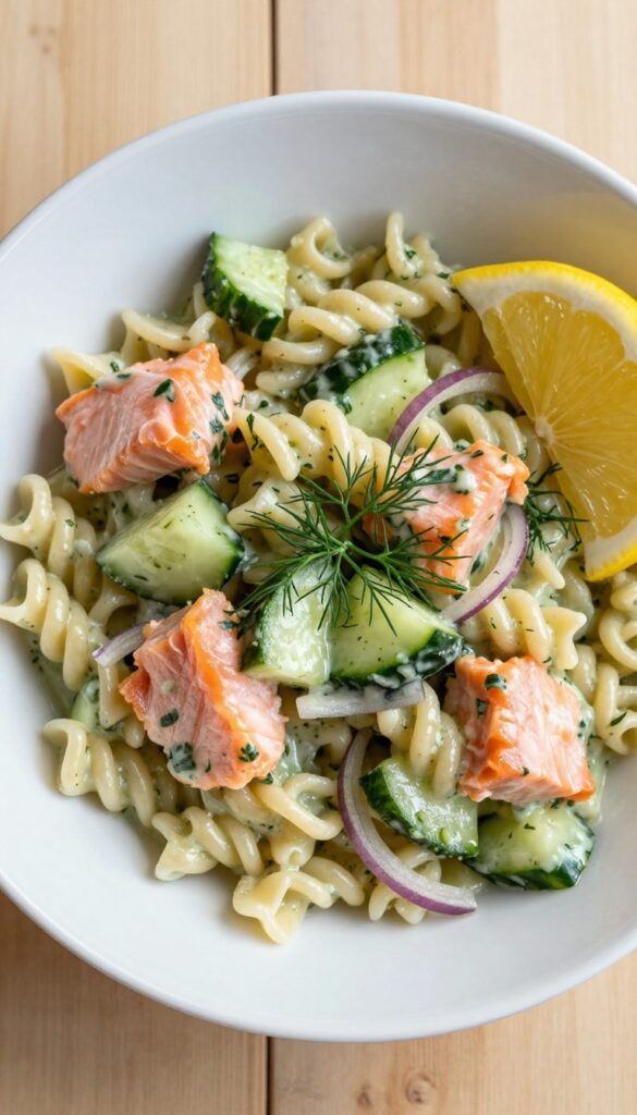 Cold pasta salad with salmon, cucumber, red onion, and lemon dill dressing in a white bowl on a wooden table