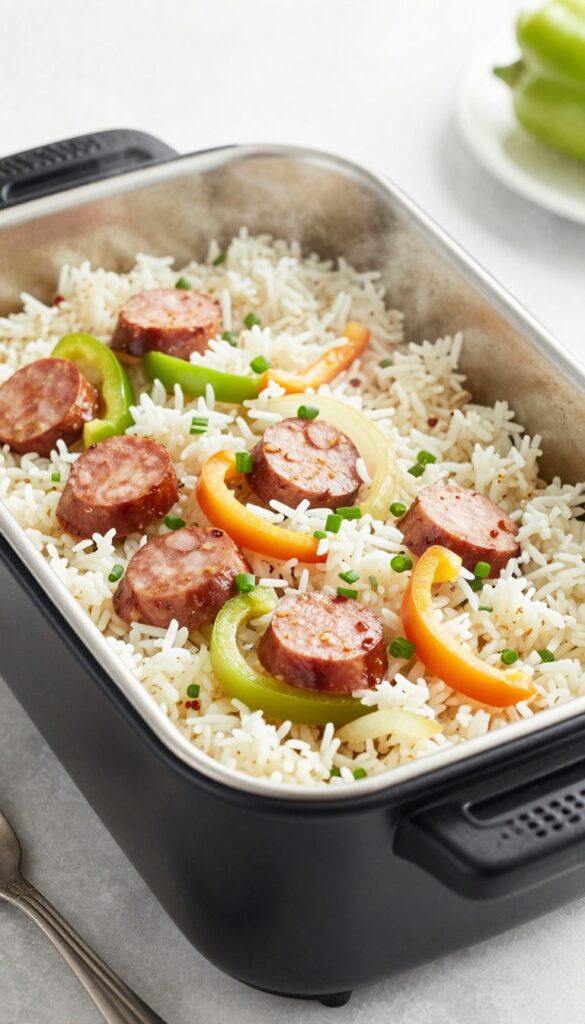 A close-up image of Instant Pot sausage and rice dinner, showing smoked sausage, vegetables, and rice in a pot, with natural lighting and a casual, appetizing presentation.