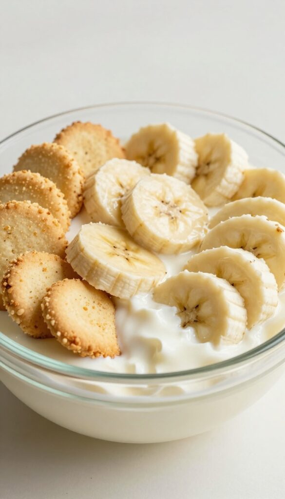A layered dessert in a glass dish with crushed biscuits, sliced bananas, and creamy topping, representing the Biscuit Banana Delight recipe.